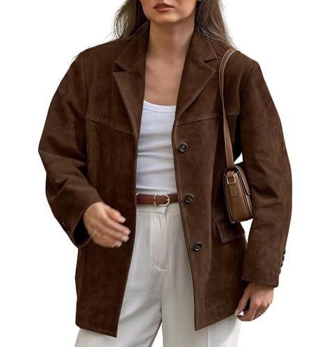 chouyatou Women's Faux Suede Blazer Jacket Notched Lapel Single Breasted Faux Suede Leather Suit Jacket (Medium, Coffee Brown) | Amazon (US)