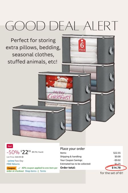 Amazing deal alert! These storage totes are under $15 for the set of 6 after applying coupon!! Blanket bedding pillow stuffed animal seasonal clothing storage and organization amazon best seller good deal sale alert. Storage bins and zip up bags

#LTKhome #LTKsalealert #LTKSeasonal
