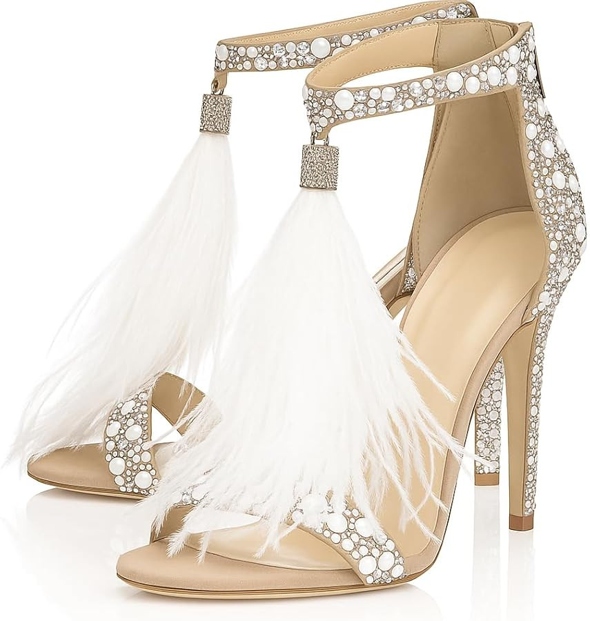 Women's Tassels Rhinestone Heeled Sandals Wedding Dress White Sandals Stiletto Heel Pearl | Amazon (US)