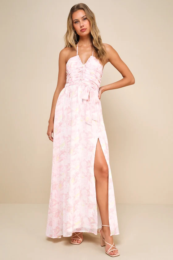 Effortlessly Abloom Light Pink Floral Ruched Halter Maxi Dress | Lulus
