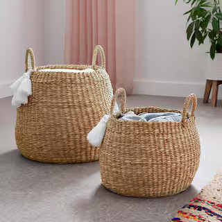 StyleWell Round Natural Water Hyacinth Decorative Baskets with White Tassels (Set of 2) BA1904115... | The Home Depot