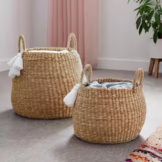 StyleWell Round Natural Water Hyacinth Decorative Baskets with White Tassels (Set of 2) BA1904115... | The Home Depot