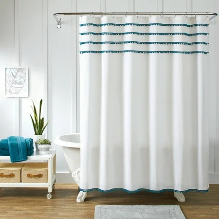 Better Homes & Gardens White Fabric Shower Curtain with Teal Pom Poms, 70"" x 72 | Walmart (US)