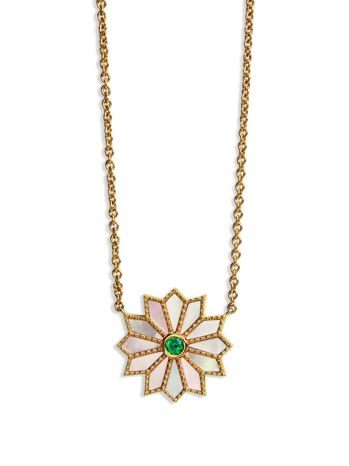 Mother Of Pearl & Emerald Mini Sacred Flower Necklace | YLANG 23