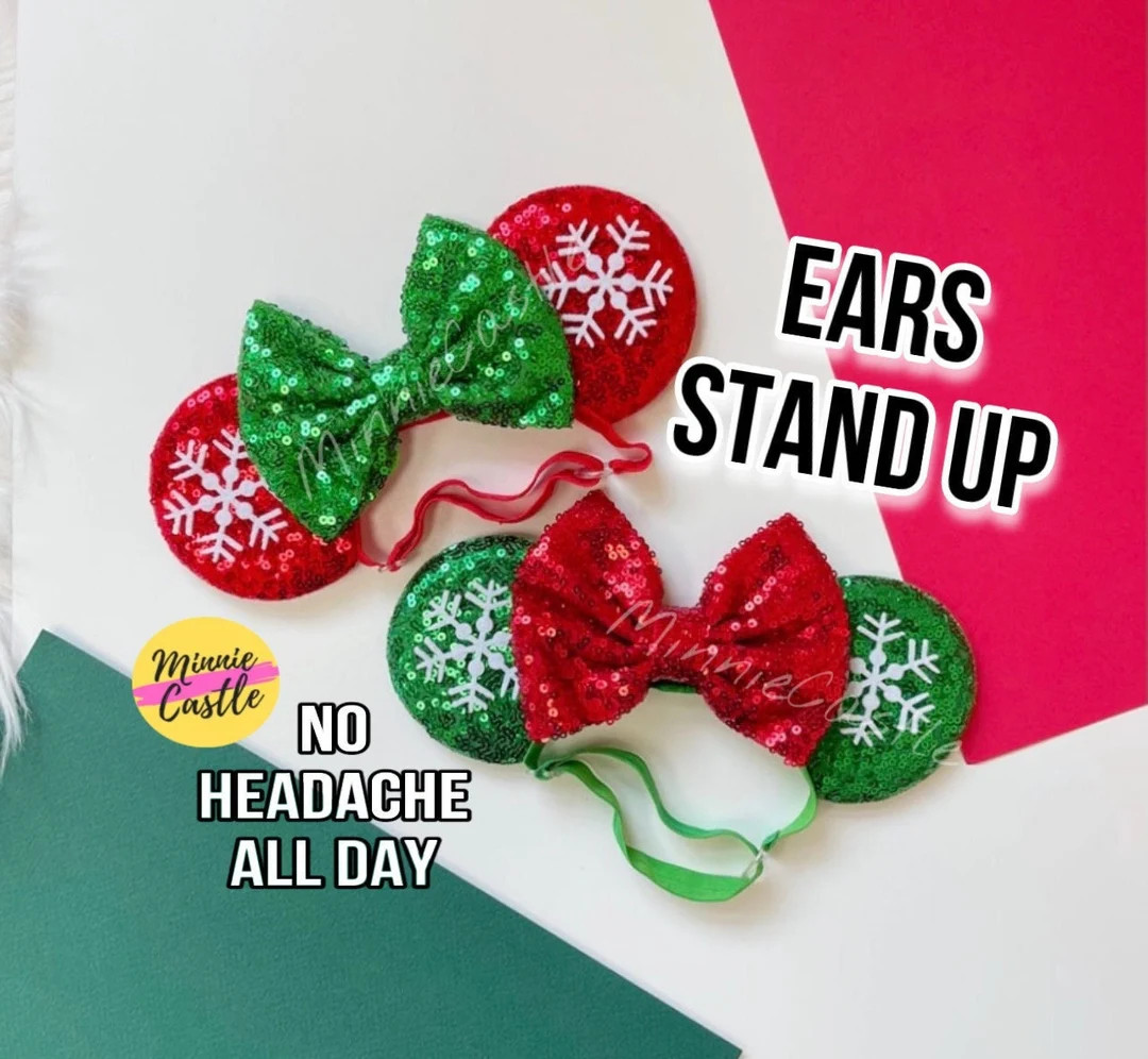 Christmas Ears, Mickey Ears, Christmas Mickey Ears Elastic Headband, Minnie Ears, Snow Flakes Mou... | Etsy (Global)