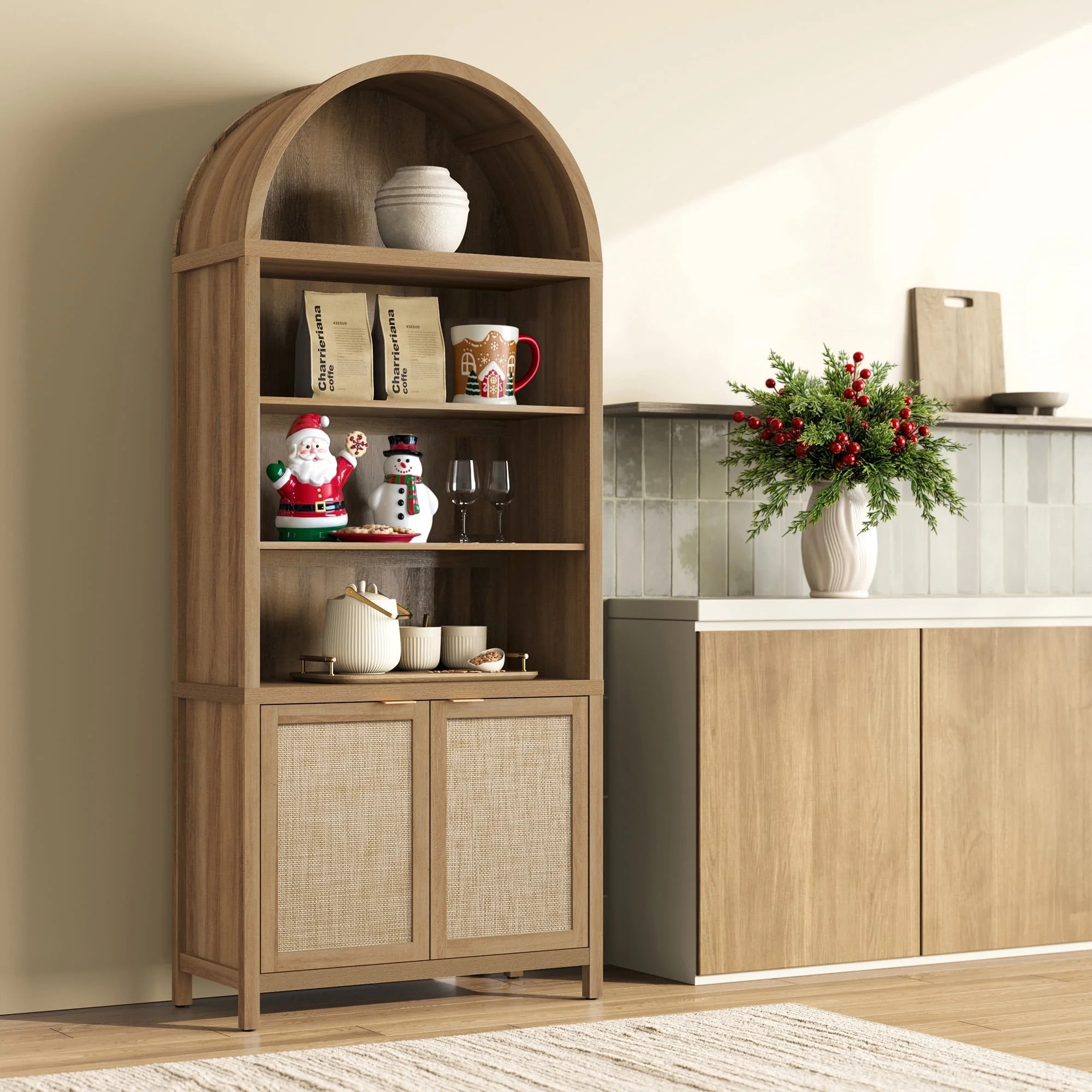 SICOTAS 84.2"H Tall Kitchen Arched Pantry Cabinet, Oversized Boho Farmhouse Floor Storage Organiz... | Walmart (US)