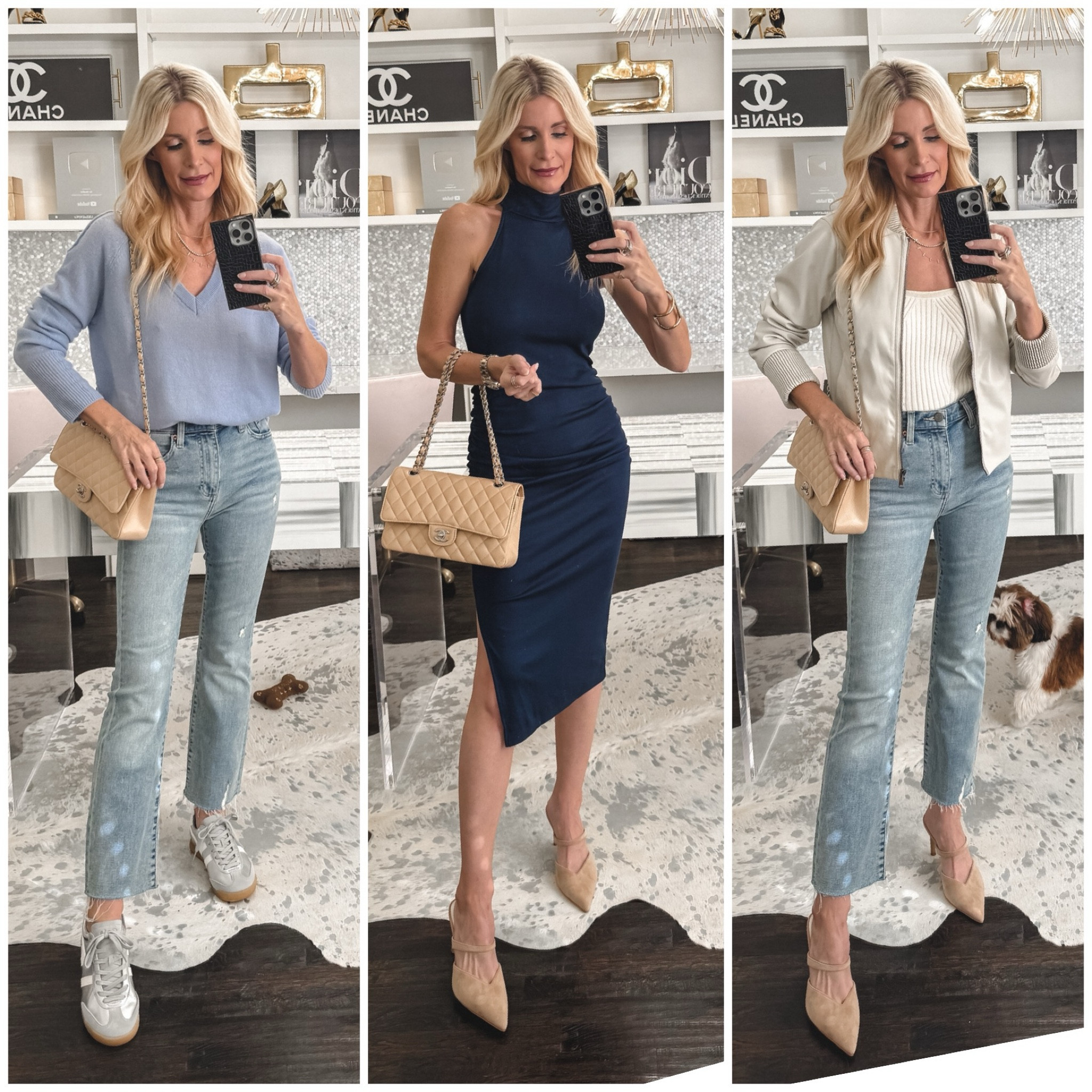 Get ready with me while I style these amazing transitional pieces from @evereveofficial for 3 different occasions! #ad #everevepartner #everevestyle

LOOK 1 would be so perfect for running errands on the weekends.  I adore these high-waisted ankle length jeans by Pistola.  The fit is impeccable and the wash is so good to wear all year round!  They run tts, I’m wearing a size 24.

This gorgeous baby blue cashmere sweater is crazy soft and feels so good against my skin.  Wear it alone or under a fabulous jacket, either way you’re sure to look stylish.  It runs true to size, I’m wearing a size XS. 

LOOK 2 is amazing for a Sunday brunch!  I’m obsessed with this faux leather bomber jacket.  It looks way more expensive than it really is and I love that it can be worn both casual and dressy! I’m wearing an XS. 


LOOK 3 would be great to wear on a date night or fun girl’s night out.  This ruched midi dress is so flattering and navy blue is a big color this year.  It also run tts, I’m wearing an XS. 

The nude heels by Dolce Vita are a must-have for spring and summer!  The heel height is only 3 inches which means they’re very comfortable which is always a plus! 

#LTKFindsUnder100 #LTKStyleTip #LTKOver40