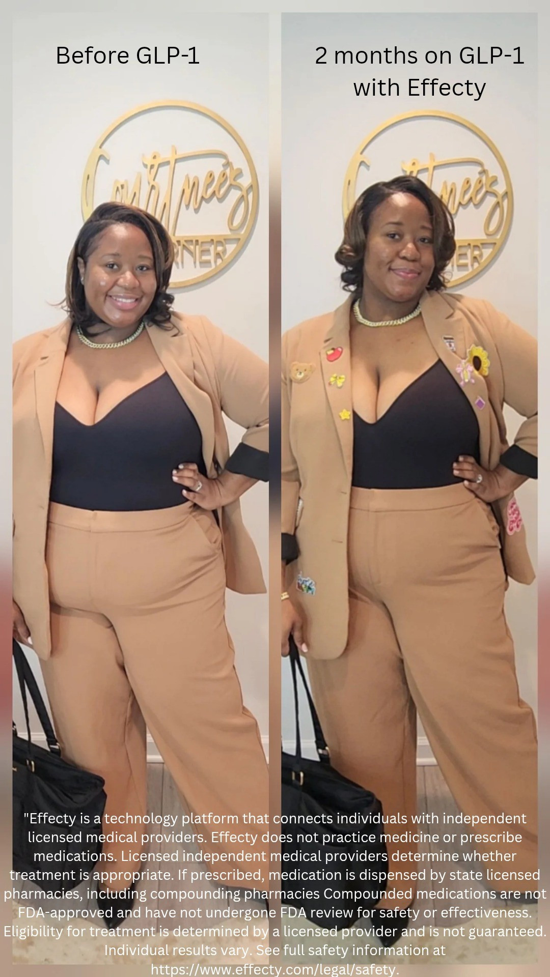 Same outfits. Different me.These photos are from before starting my GLP-1 journey with Effecty vs now, and seeing the differences side-by-side has honestly been so motivating for Me. The biggest change hasn’t just been physical.  It’s the quieter cravings, smaller portions, more movement, and finally feeling in control of my eating habits.If you’ve been thinking about starting your own GLP-1 journey, use code "CourtneesCorner100" at www.effecty.com for $100 off your first order.

#LTKPlusSize #LTKootd #LTKselfcare