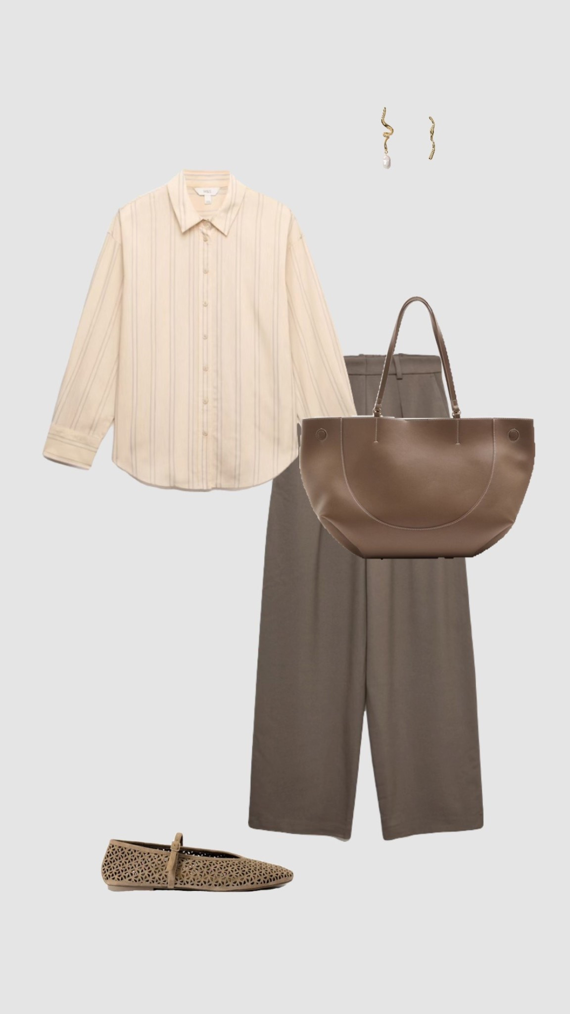 Spring Workwear Outfit Inspo 💼

• smart casual outfits linen cream striped shirt beige brown high waisted tailored trousers mesh suede tan ballet flats Mary Jane’s large tote bag office outfits corporate work outfits spring outfits 2026 business casual workwear  •#LTKFashionMonth

#LTKworkwear #LTKspring