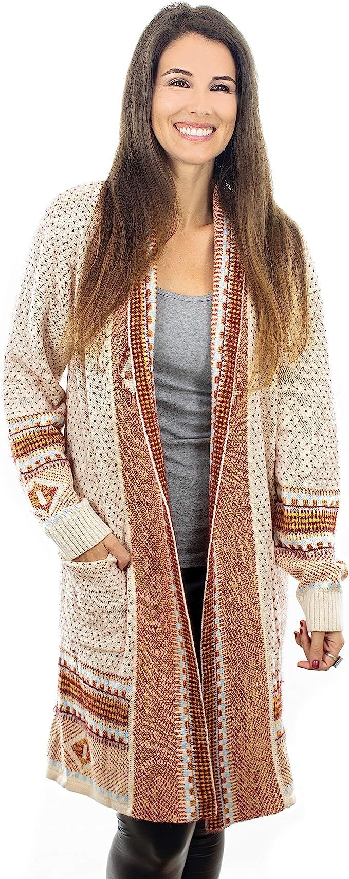 Happy Trunks Long Boho Open Front Cardigan w/Pockets for Women | Knitted Lightweight Aztec Outwea... | Amazon (US)