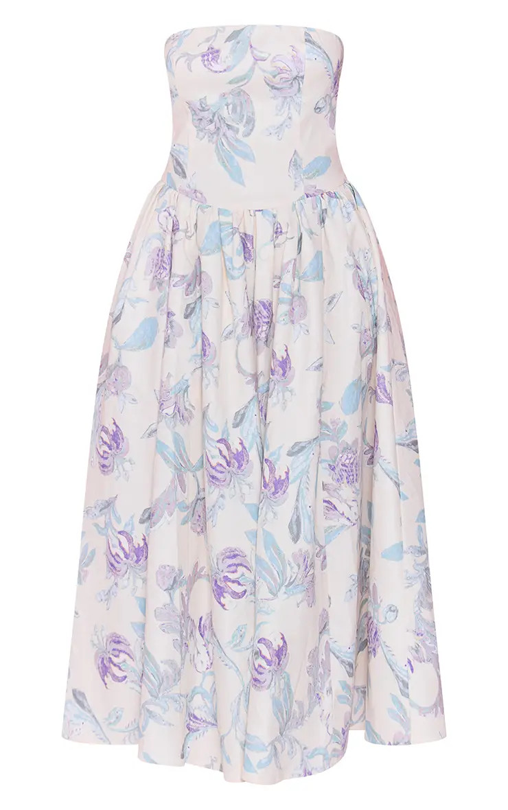 Lilac PrettyLittleThing Floral Print Woven Bandeau Ruched Skater Midaxi Dress | Boohoo | Boohoo.com (UK & IE)