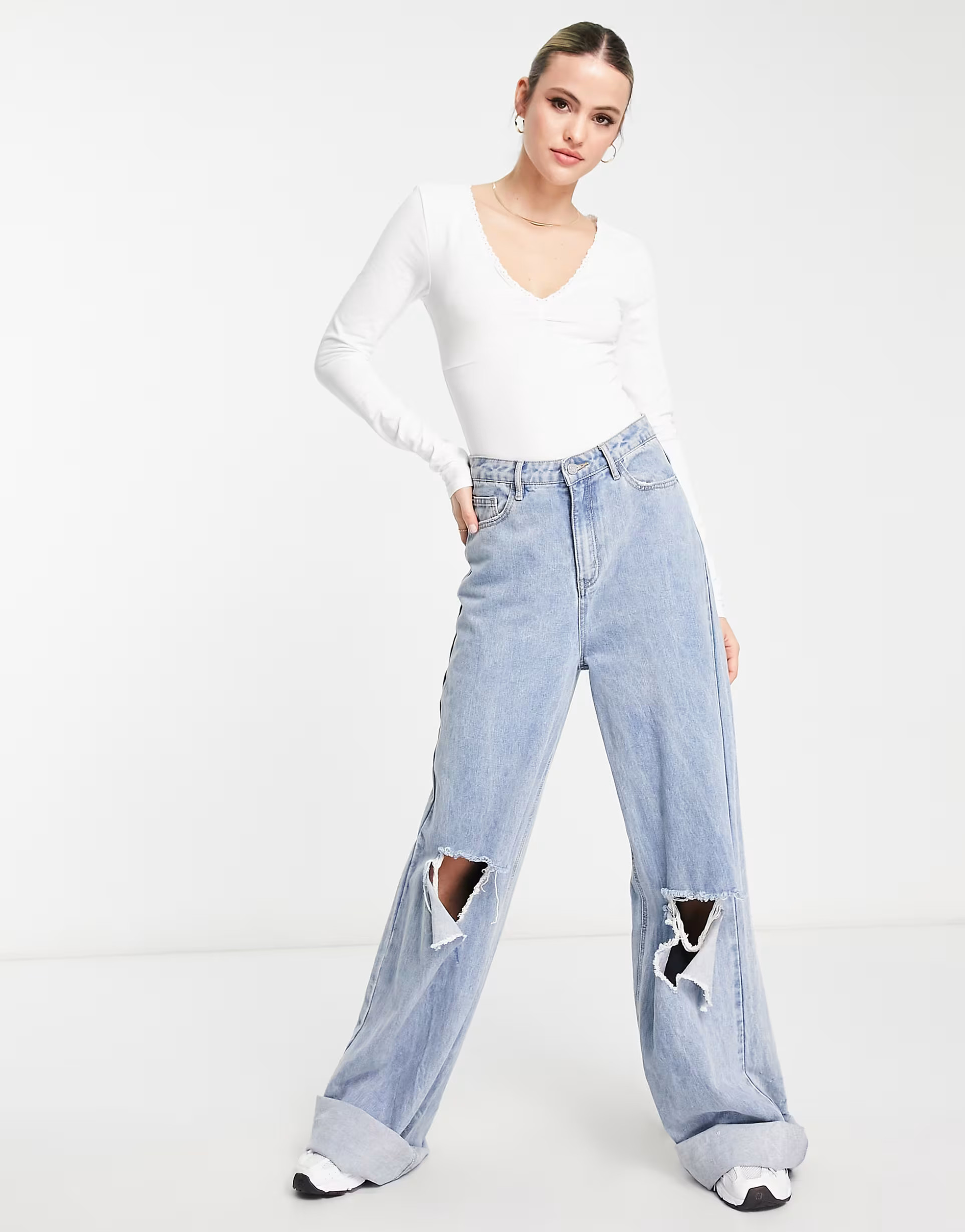 ASOS DESIGN Tall v neck lace trim long sleeve bodysuit in white | ASOS (Global)