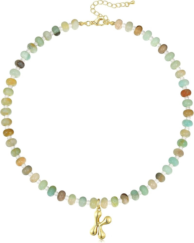 KissYan Initial Necklaces for Women, Colorful Beaded Gemstone Choker 14K Gold Bubble Letter Penda... | Amazon (US)