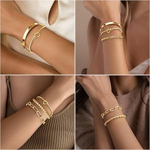 Gold Bracelets Set for Women Non Tarnish, 14K Gold Plated Sterling Silver Chunky Cuff Bracelet St... | Amazon (US)