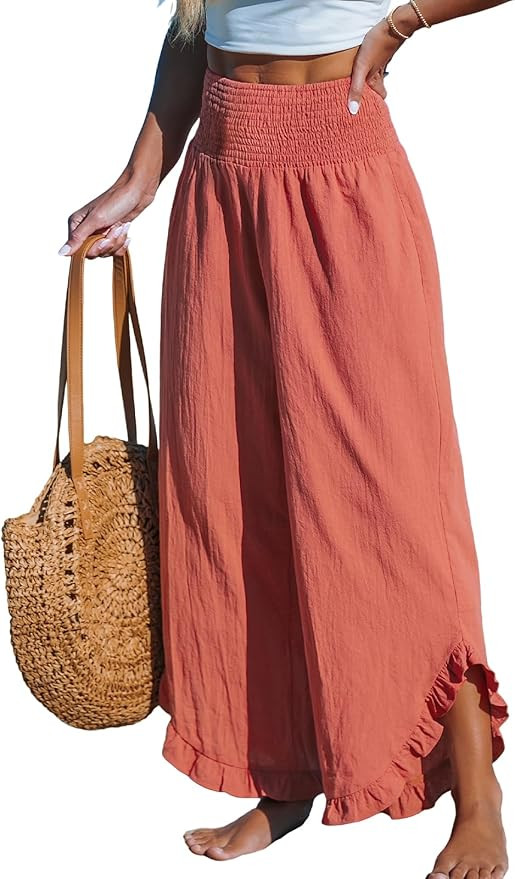 CUPSHE Women Pants Smocked Waist Straight Leg Ruffle Cuffs Loose Fit Pant Casual Beach | Amazon (US)