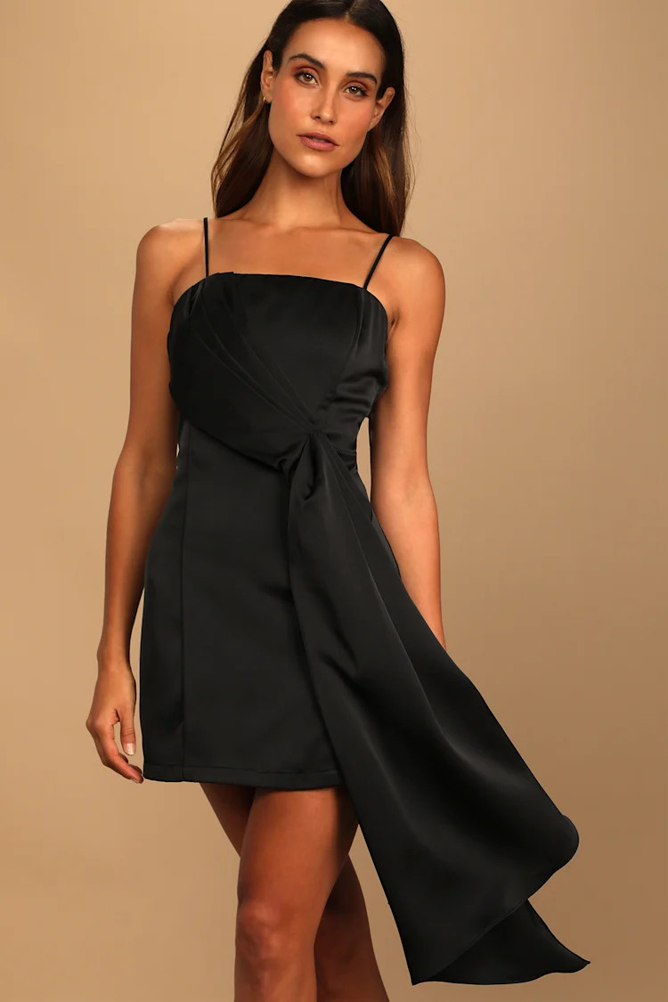 Romantic Allure Black Satin Asymmetrical Mini Dress | Lulus (US)