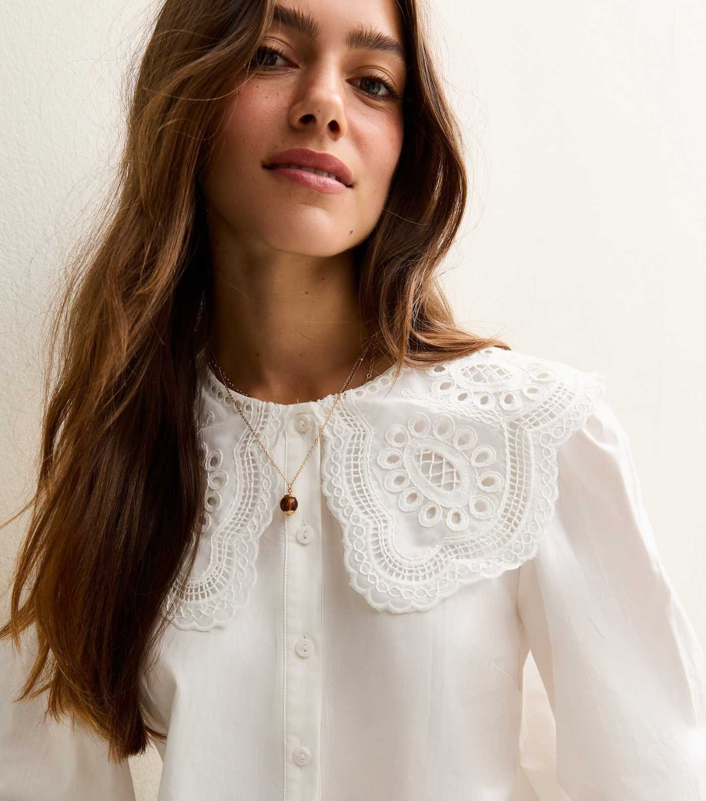 Petite White Embroidered Collar Long Sleeve Shirt | New Look | New Look (UK)