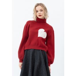 Embroidered Heart High Neck Knit Sweater in Red | Chicwish