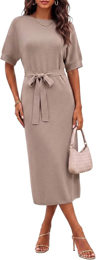 Wenrine Womens Sweater Midi Dress Short Sleeve Long Knit Dresses with Belt | Mock Neck, Tie Waist... | Amazon (US)