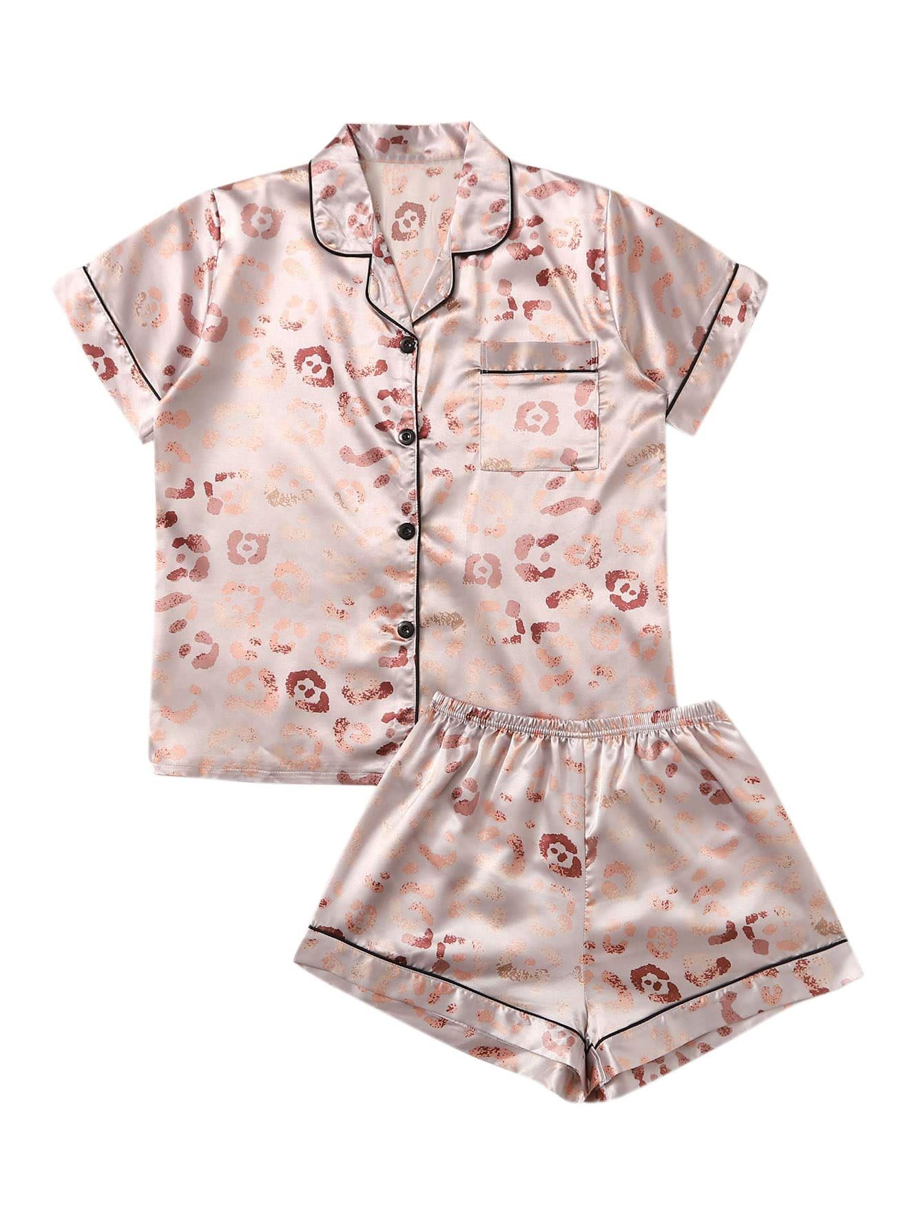 Women's Short Sleeve Sleepwear Button Down Satin 2 Piece Pajama Set | Amazon (US)
