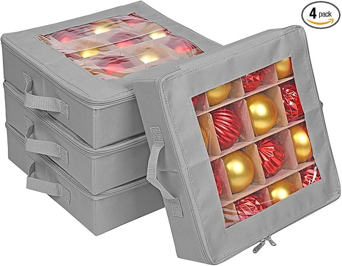 ProPik 4 Pcs Christmas Ornament Storage Boxes with Dividers, Transparent Top Zipper Closure, 4 In... | Amazon (US)