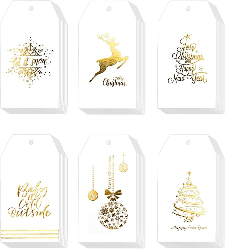 Whaline 120 Pcs Christmas Gold Foil Paper Gift Tags Holiday Hang Name Tags Label with Twine for D... | Amazon (US)