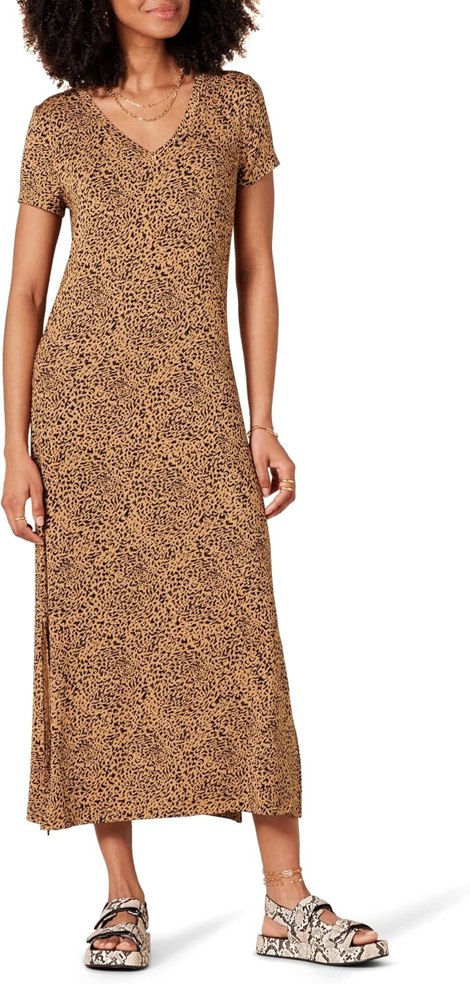 Amazon Essentials Women's Stretchy Jersey V-Neck Short Sleeve Midi Length Dress | Amazon (US)