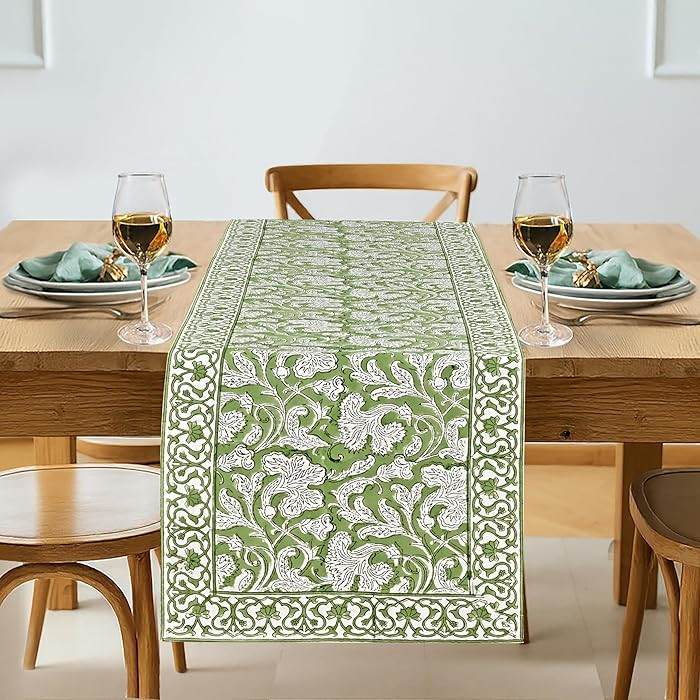 Ridhi Sage Green Hand Block Print Cotton Table Runner Garden Farmhouse Buffet Tabletop Cover for ... | Amazon (US)