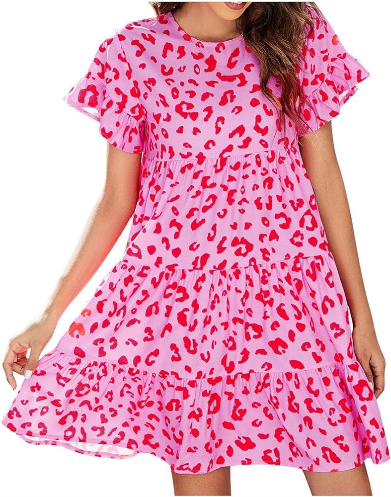 Women Summer Short Sleeve Dresses Casual Crew Neck Leopard Floral Mini Dress Ruffle Loose Flowy S... | Amazon (US)