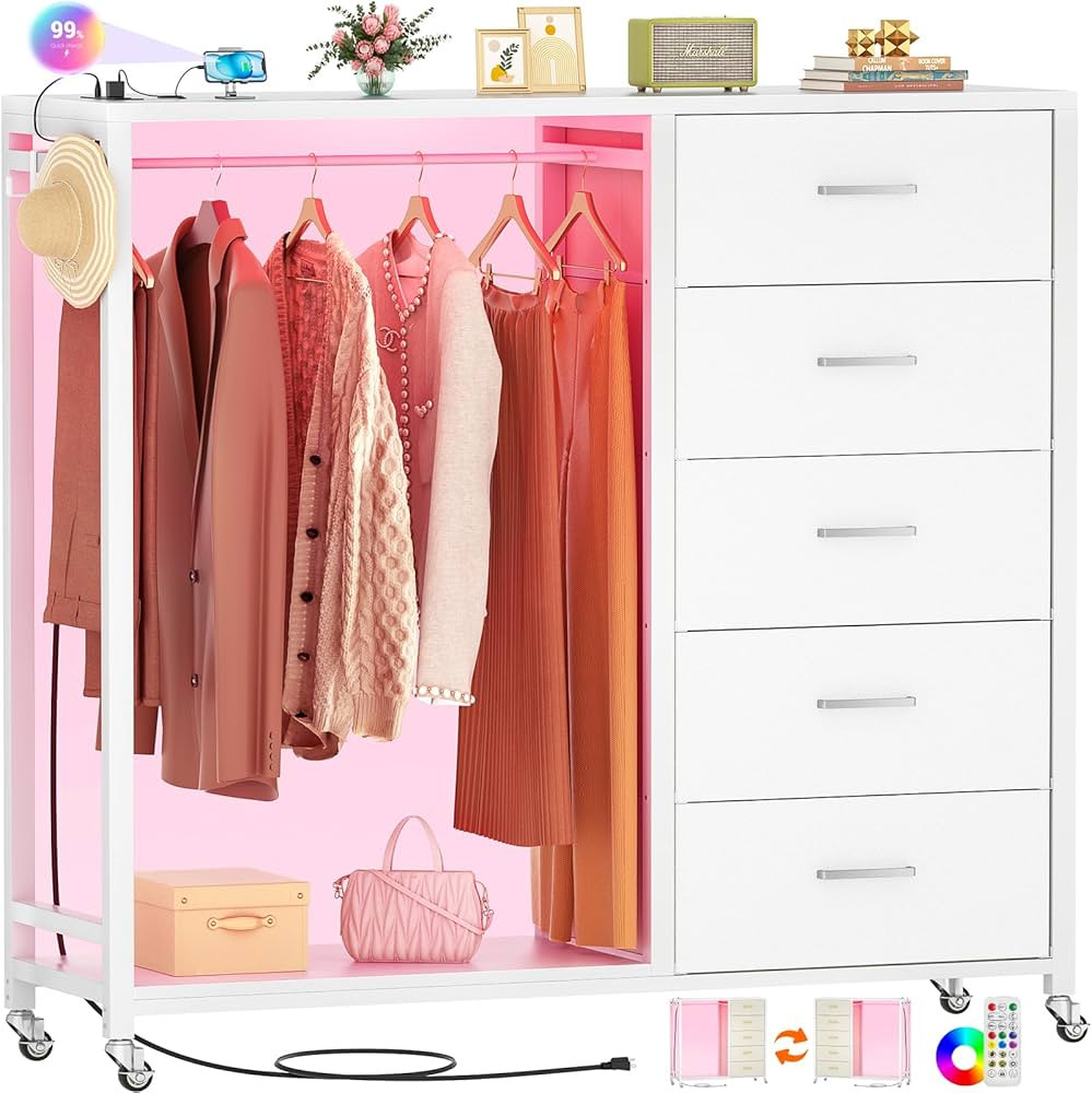 Cyclysio Dresser with Clothes Rack, 5 Drawers Dresser with Charging Station & LED Lights, White S... | Amazon (US)