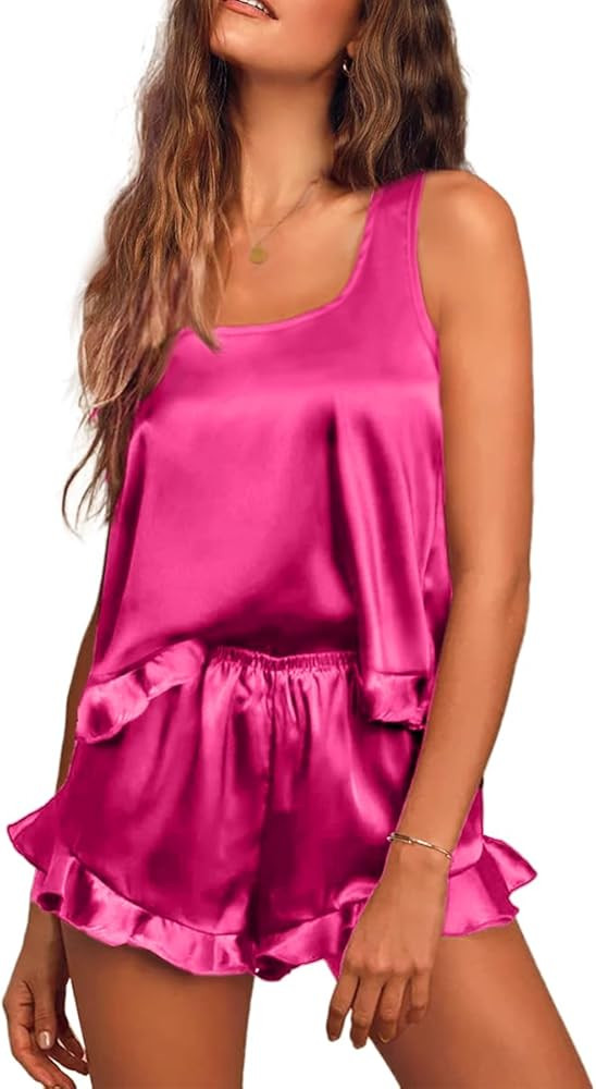 Ekouaer Silk Pajamas Set Women Satin Ruffled Tank Tops Shorts Sets Sleepwear Nightwear S-XXL | Amazon (US)