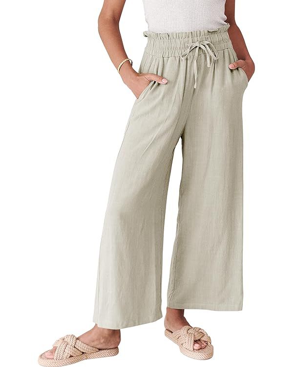 Caracilia Womens Summer Linen Pants Loose Beach Drawstring Capri Wide Leg Casual High Waist Palaz... | Amazon (US)