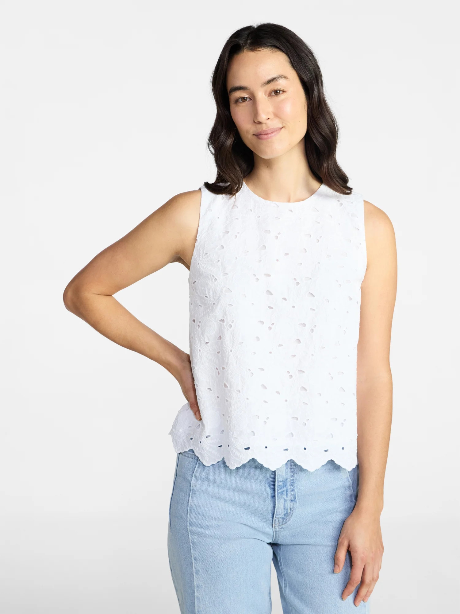 Time and Tru Women's and Women's Plus Sleeveless Cotton Eyelet Top, Sizes XS-4X | Walmart (US)