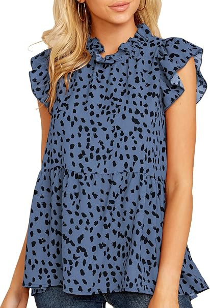 Angashion Women's Tops Casual Floral Print Cap Sleeve Ruffle Neck Loose Babydoll Shirt Blouse Tun... | Amazon (US)