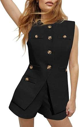Tankaneo Womens 2 Piece Outfits Casual Suit Sets Sleeveless Button Down Blazer Vest Shorts Office... | Amazon (US)