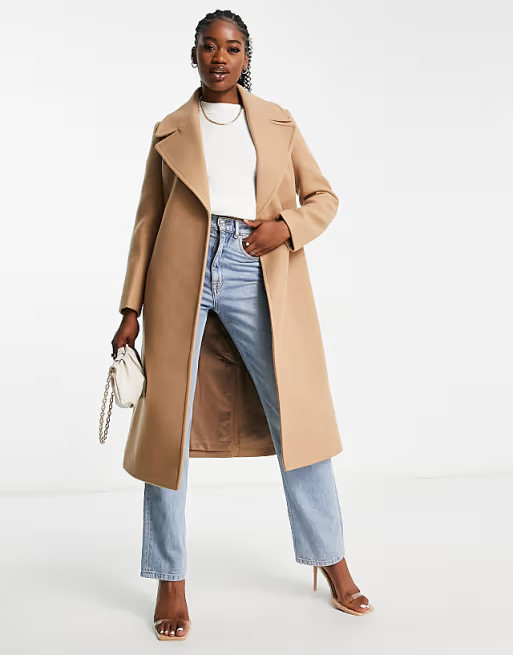 Ever New formal wrap coat with tie belt in camel | ASOS (Global)