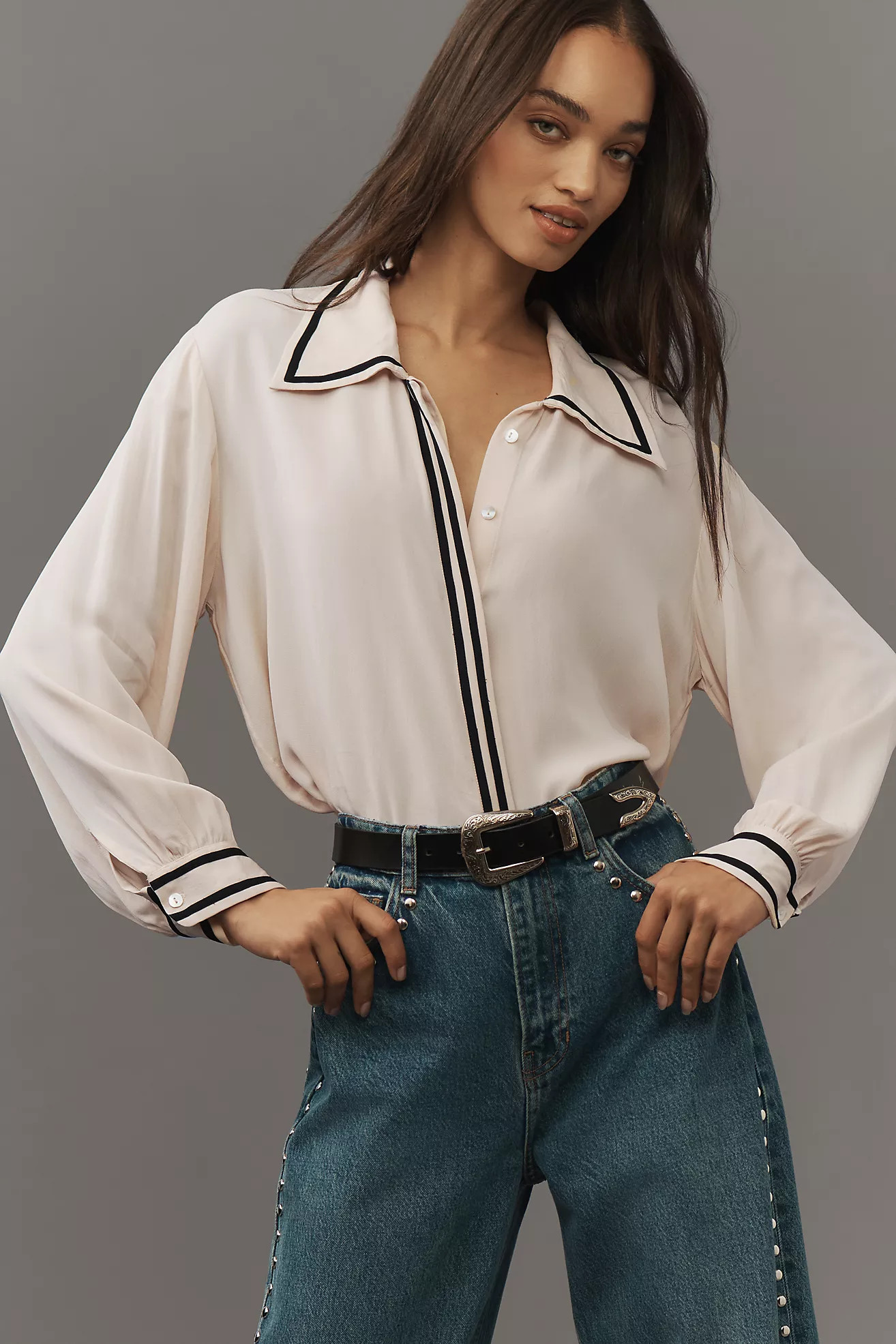 Ollari Stripe Detail Blouson-Sleeve Blouse | Anthropologie (US)
