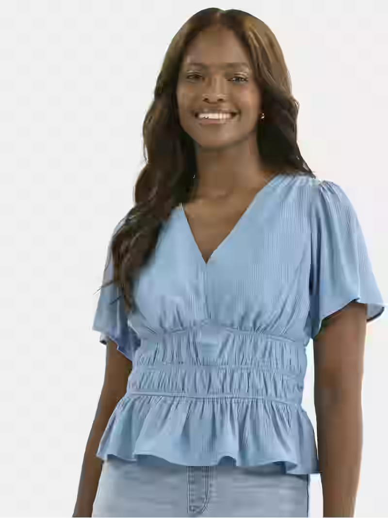 Time and Tru Women's Cinched Waist Peplum Blouse with Flutter Sleeves, Sizes XS-XXXL | Walmart (US)
