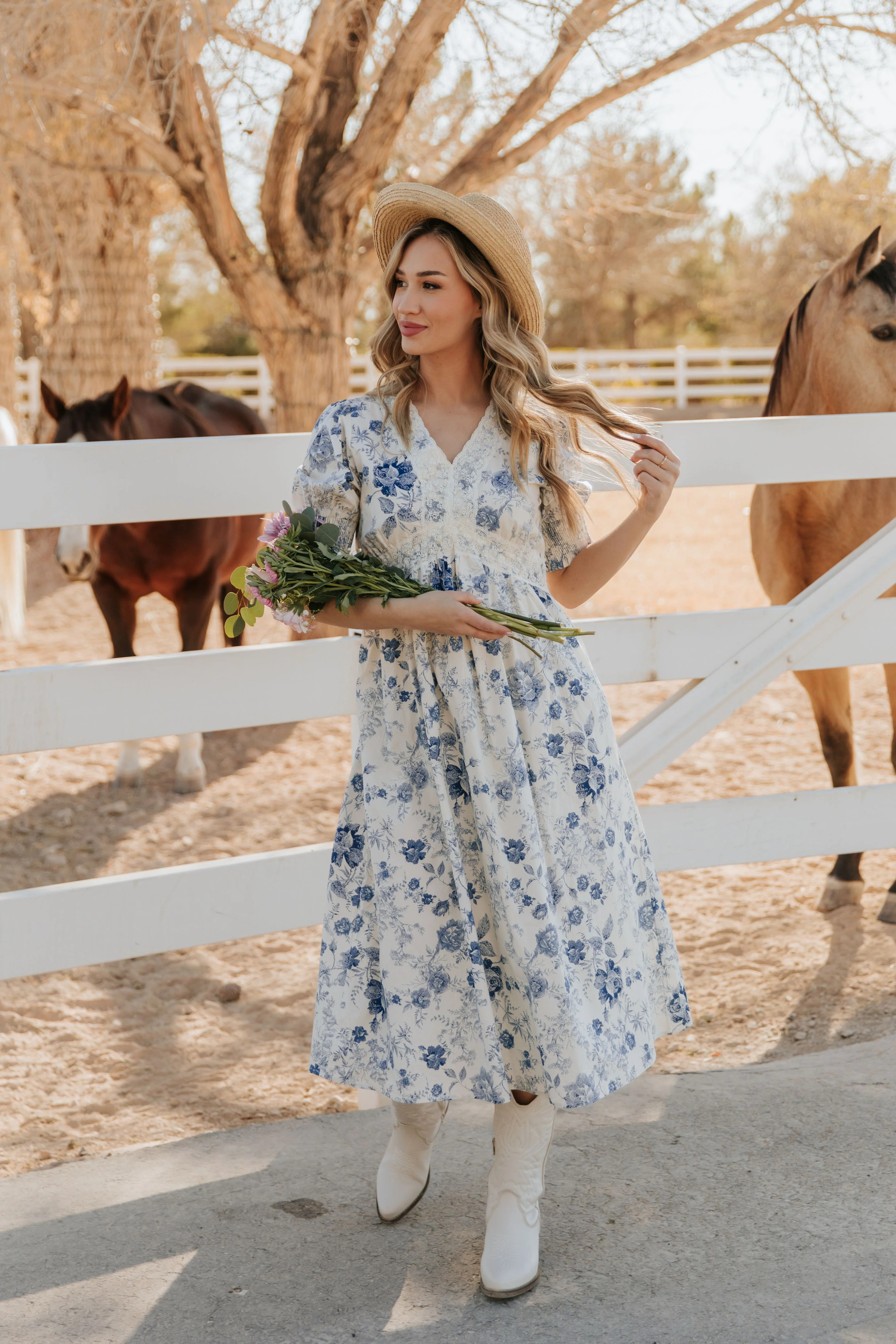 THE CONSTANCE ANTIQUE FLORAL MIDI DRESS IN BLUE | Pink Desert