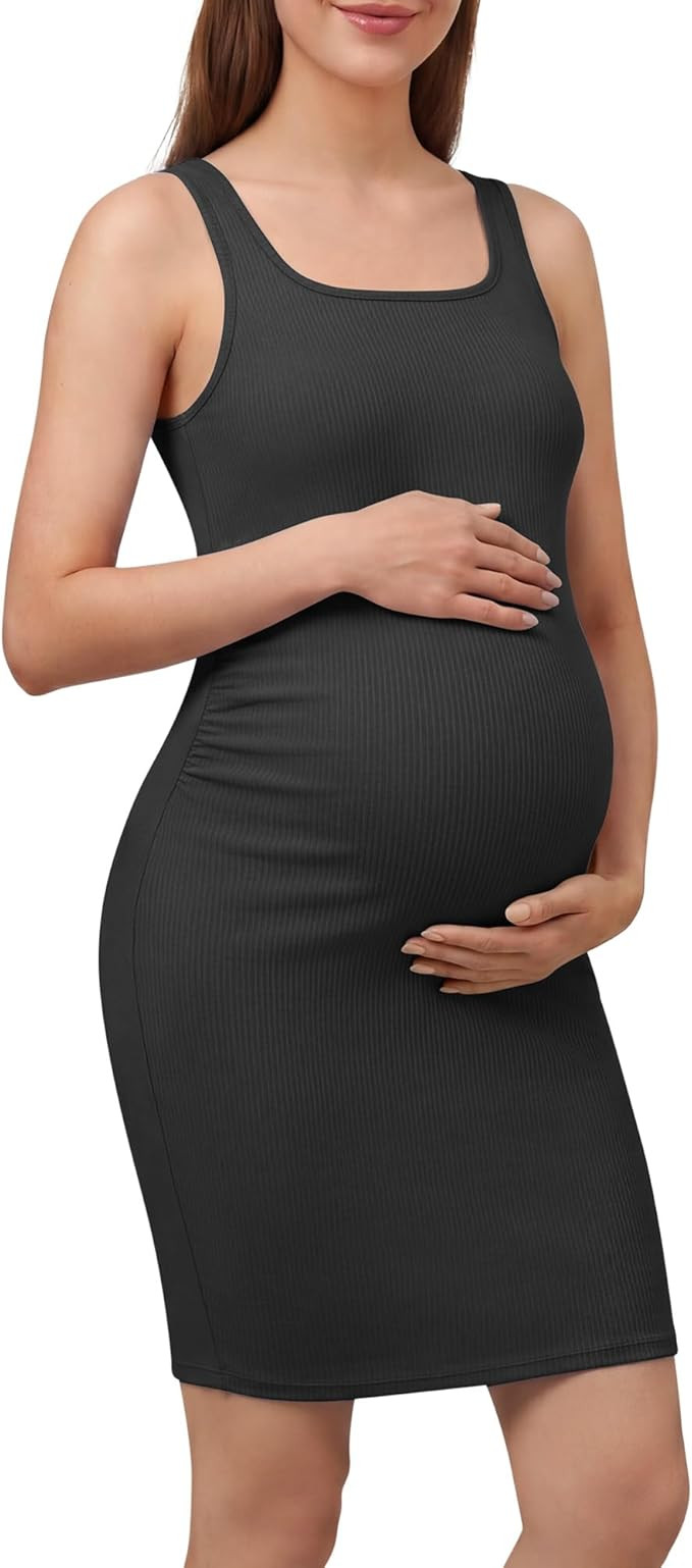 G4Free Ribbed Maternity Dress Midi Square Neck Sleeveless Pregnancy Tank Bodycon Clothing Casual | Amazon (US)