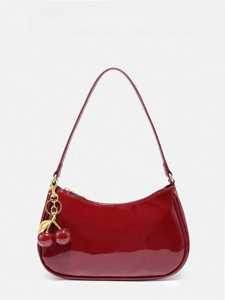 Women's Vintage Burgundy Underarm Bag, Glossy PU Leather Shoulder Purse With Cherry Ornament, Min... | SHEIN
