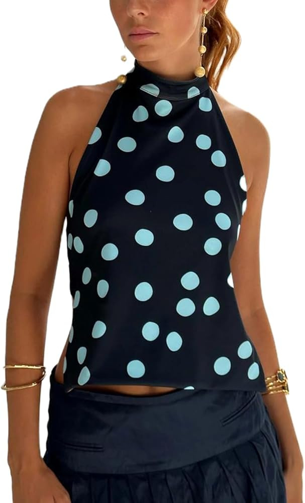 UAURORAO Women Backless Halter Top Mock Neck Boho Floral Tank Tops Open Back Aesthetic Y2k Going ... | Amazon (US)