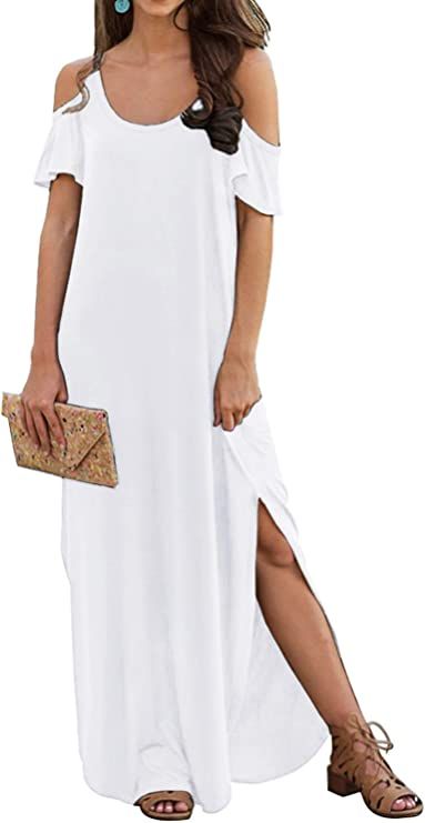 GRECERELLE Women's Summer Casual Loose Long Dress Strapless Strap Cold Shoulder Short Sleeve Spli... | Amazon (US)