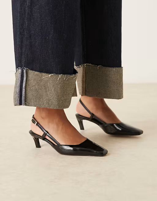 ASOS DESIGN Wide Fit Shadow chisel toe slingback mid heel shoe in black | ASOS (Global)