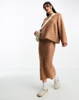 ASOS DESIGN co-ord oversized jumper & midi skirt in textured yarn in camel | ASOS (Global)
