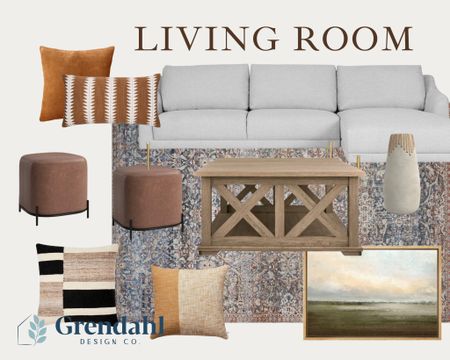 Living room fall decor. Throw pillows. Coffee table. Wall decor. Poofs. Pottery barn 
