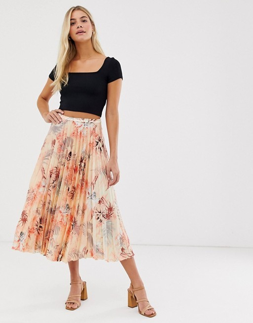 ASOS DESIGN satin pleated midi skirt in Hawaiian floral | ASOS UK