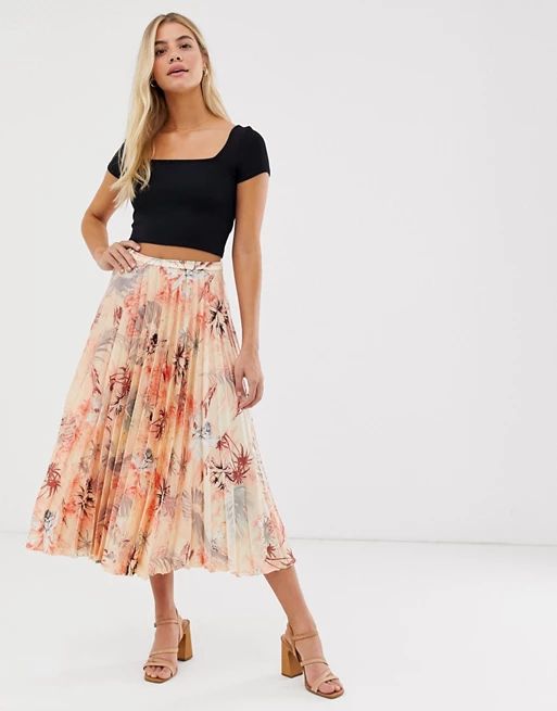 ASOS DESIGN satin pleated midi skirt in Hawaiian floral | ASOS UK