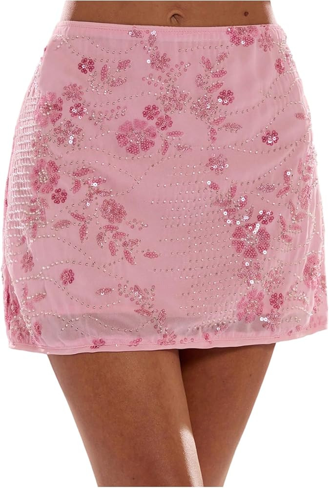 SweatyRocks Women's Sequin Beaded Mesh Shiny Sparkly Mini Skirt Club Party Outfits | Amazon (US)