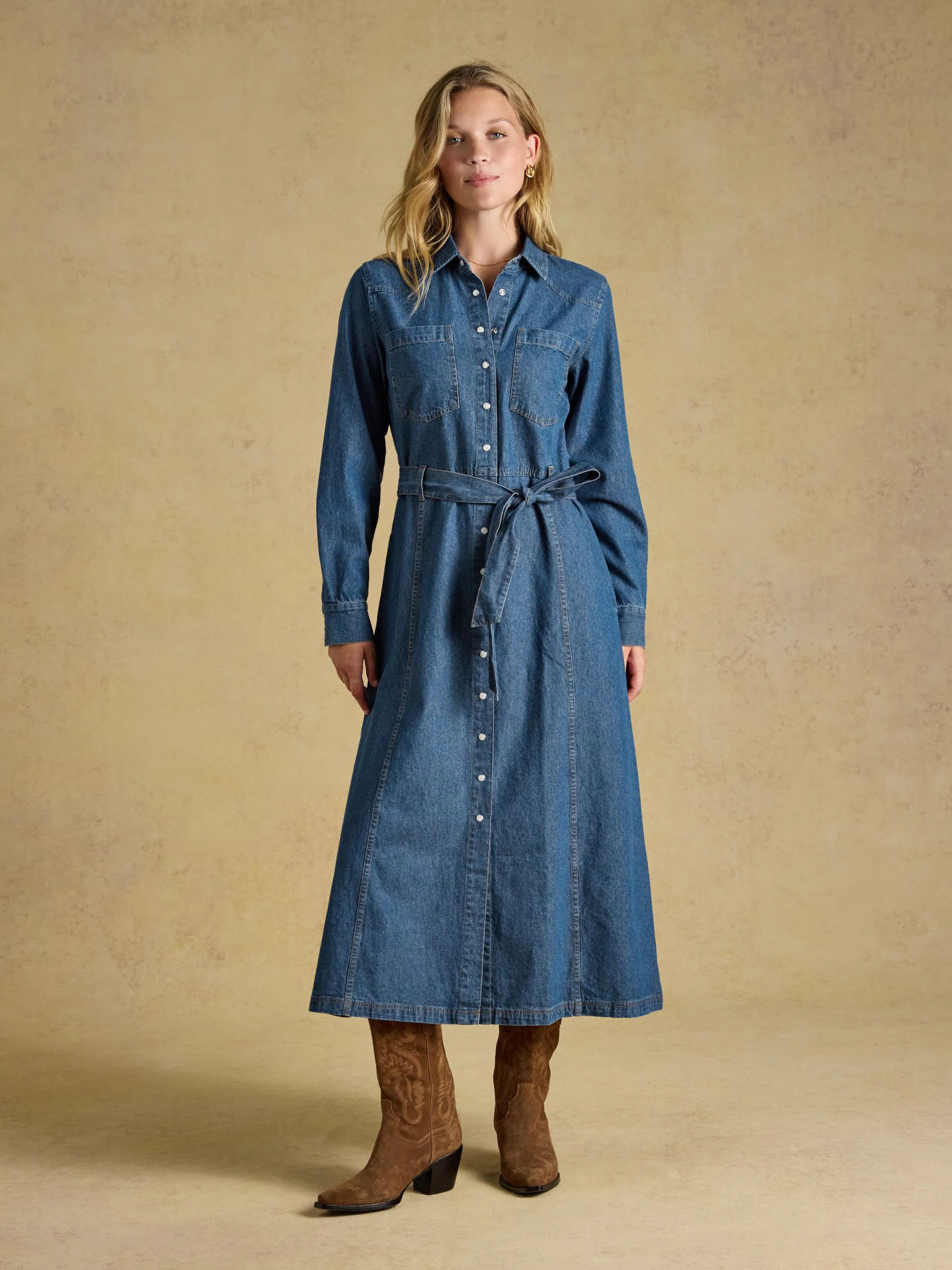 Joules Denim Blue Tie Waist Shirt Dress | Joules